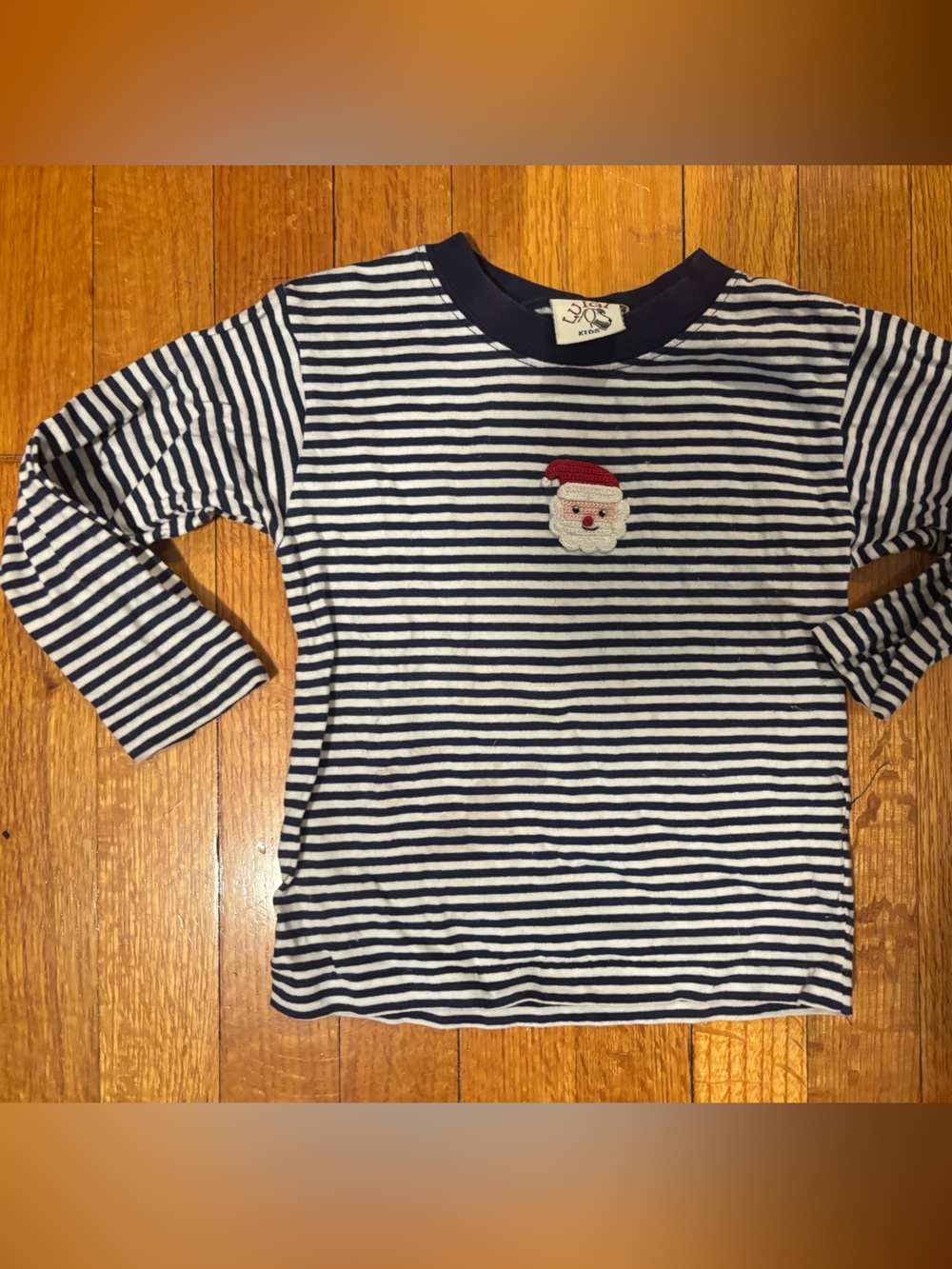 Toddler White/Navy long sleeve tee with Santa Crochet - 3T